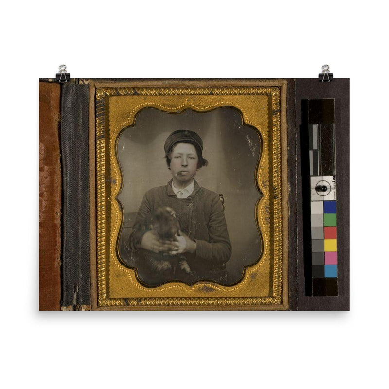 Daguerreotype Portrait of a Boy Holding a Dog and Smoking a Cigar, c. 1850 poster on a plain backdrop in size 8