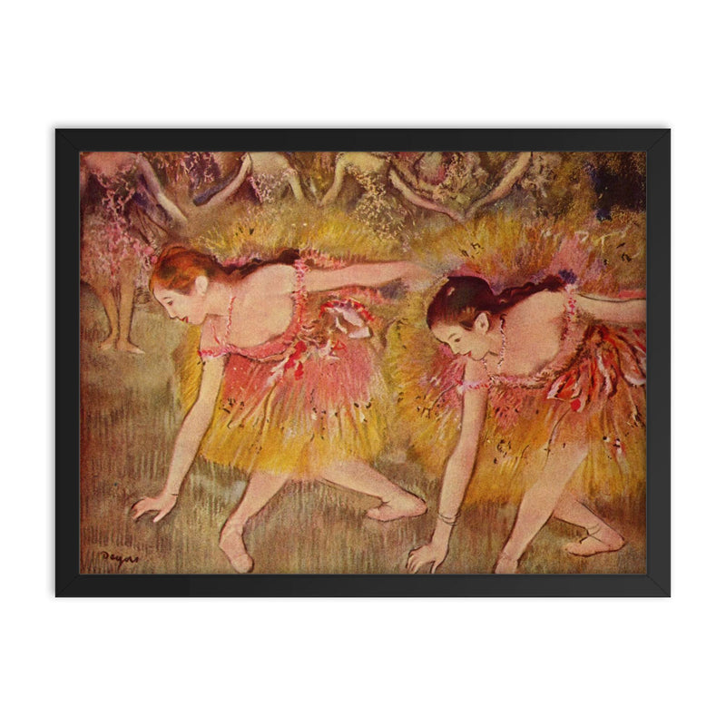 Dancers Bending Down or The Ballerinas by Edgar Degas framed print on a plain backdrop in size 18