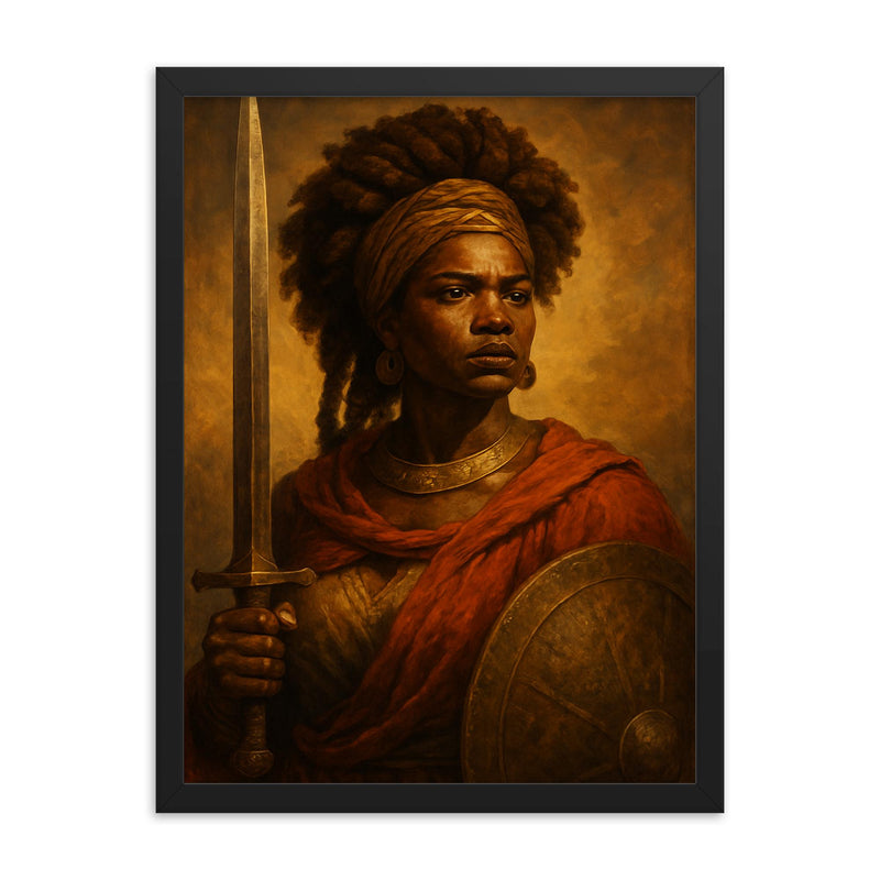 Dandara dos Palmares warrior queen portrait framed print on a plain backdrop in size 18