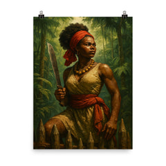 Dandara of Palmares with machete on rainforest palisade poster on a plain backdrop in size 8"x10".