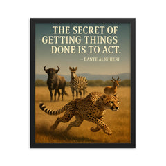 dante alighieri quote cheetah in motion inspiring poster framed print on a plain backdrop in size 16"x20".