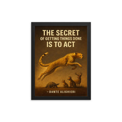 dante quote secret of getting things done nike swoosh cheetah running framed print on a plain backdrop in size 12"x16".
