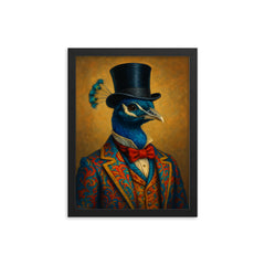 Dapper peacock portrait of a very well dressed peacock in colourful clothes and a top hat framed print on a plain backdrop in size 12"x16".