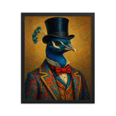 Dapper peacock portrait of a very well dressed peacock in colourful clothes and a top hat framed print on a plain backdrop in size 16"x20".