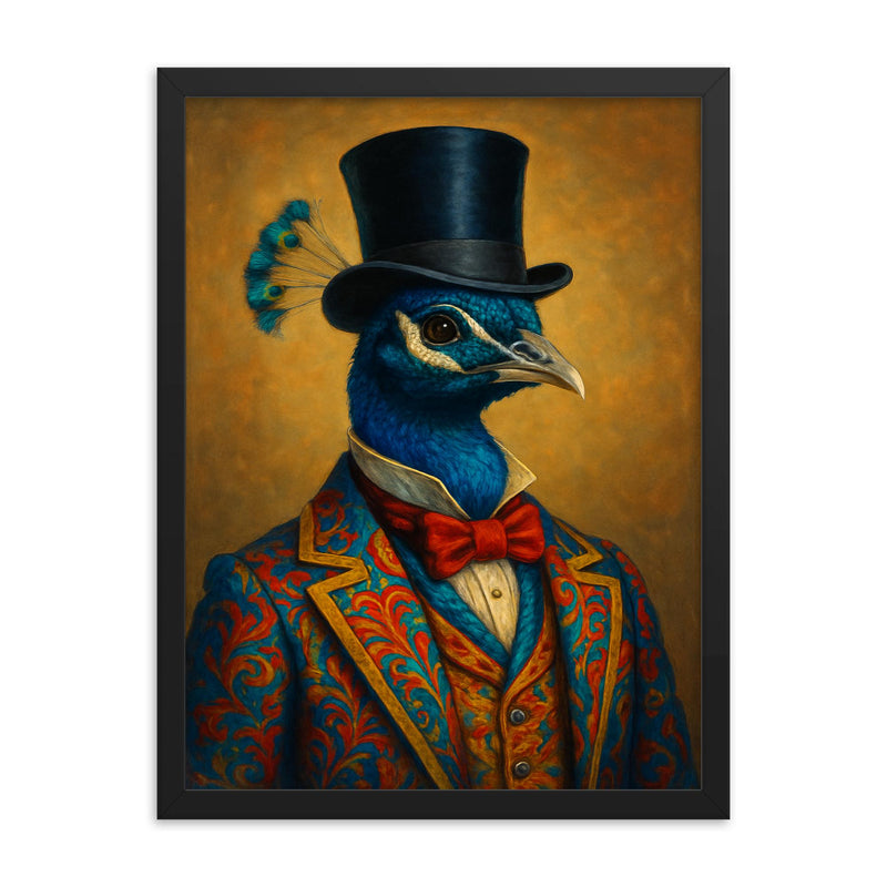 Dapper peacock portrait of a very well dressed peacock in colourful clothes and a top hat framed print on a plain backdrop in size 18