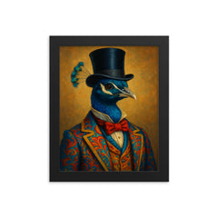 Dapper peacock portrait of a very well dressed peacock in colourful clothes and a top hat framed print on a plain backdrop in size 8"x10".