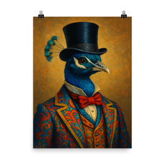 Dapper peacock portrait of a very well dressed peacock in colourful clothes and a top hat poster on a plain backdrop in size 8"x10".