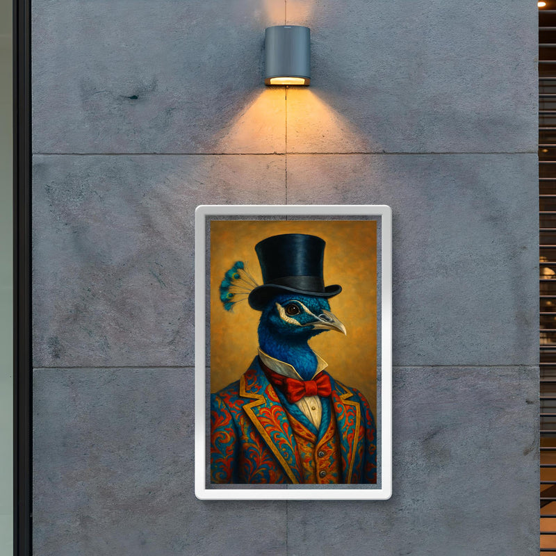 Dapper peacock portrait of a very well dressed peacock in colourful clothes and a top hat poster 2