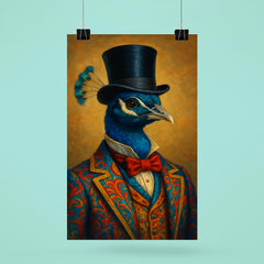 Dapper peacock portrait of a very well dressed peacock in colourful clothes and a top hat poster 6