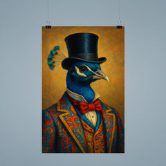 Dapper peacock portrait of a very well dressed peacock in colourful clothes and a top hat poster 9