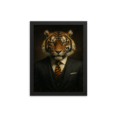 Dapper tiger portrait of a badass looking tiger in a power suit with a tiger print tie framed print on a plain backdrop in size 12"x16".