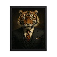 Dapper tiger portrait of a badass looking tiger in a power suit with a tiger print tie framed print on a plain backdrop in size 16"x20".