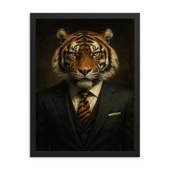 Dapper tiger portrait of a badass looking tiger in a power suit with a tiger print tie framed print on a plain backdrop in size 18"x24".
