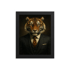 Dapper tiger portrait of a badass looking tiger in a power suit with a tiger print tie framed print on a plain backdrop in size 8"x10".