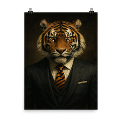Dapper tiger portrait of a badass looking tiger in a power suit with a tiger print tie poster on a plain backdrop in size 8"x10".