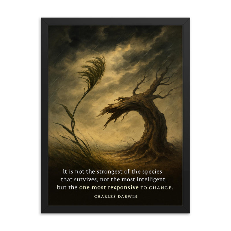 darwin quote not strongest or most intelligent but most responsive to change framed print on a plain backdrop in size 18