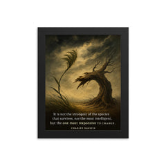 darwin quote not strongest or most intelligent but most responsive to change framed print on a plain backdrop in size 8"x10".
