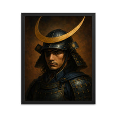 Date Masamune crescent helm portrait framed print on a plain backdrop in size 16"x20".