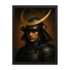 Date Masamune crescent helm portrait framed print on a plain backdrop in size 18"x24".