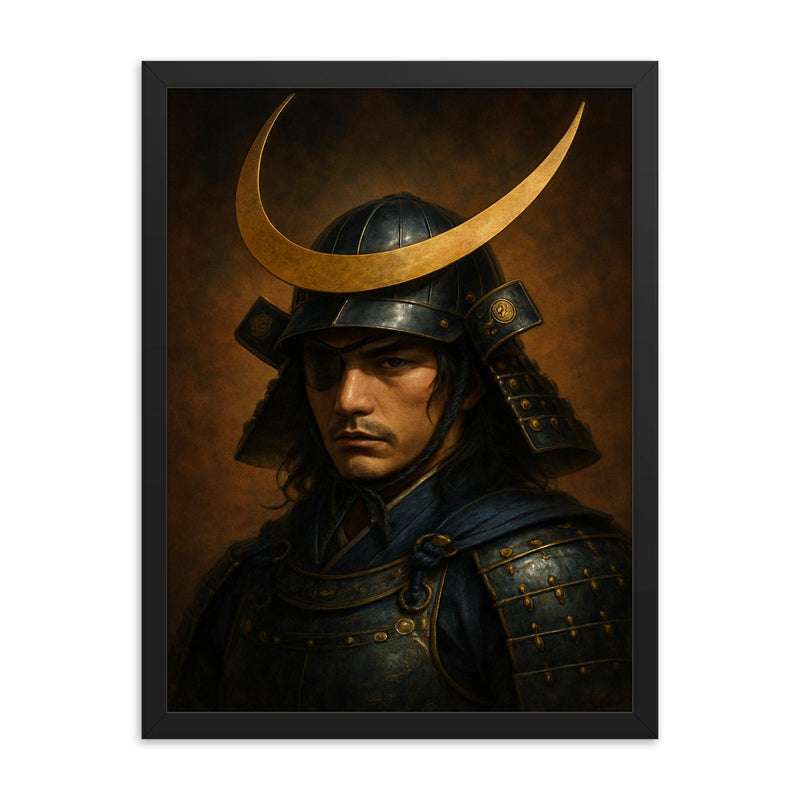 Date Masamune crescent helm portrait framed print on a plain backdrop in size 18
