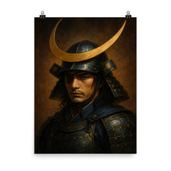 Date Masamune crescent helm portrait poster on a plain backdrop in size 8"x10".