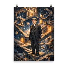 David Hilbert in impossible geometric space poster on a plain backdrop in size 8"x10".