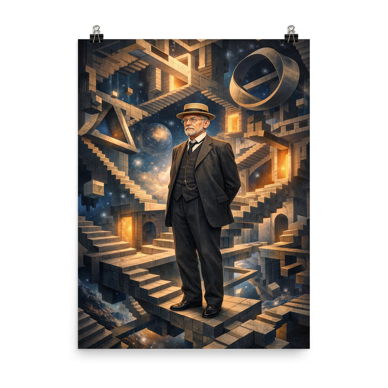 David Hilbert in impossible geometric space poster on a plain backdrop in size 8