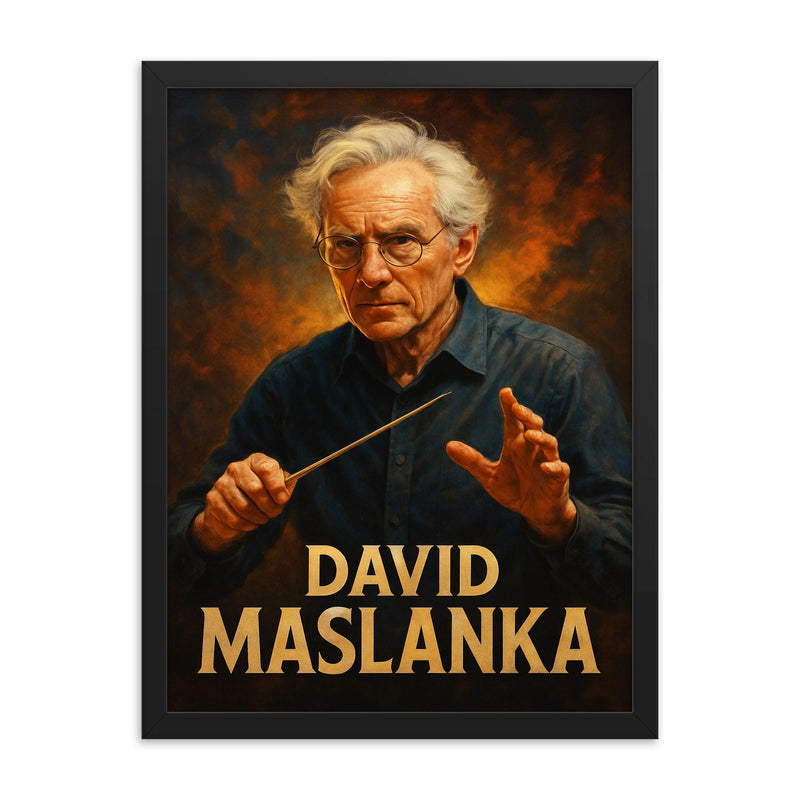 David Maslanka framed print on a plain backdrop in size 18