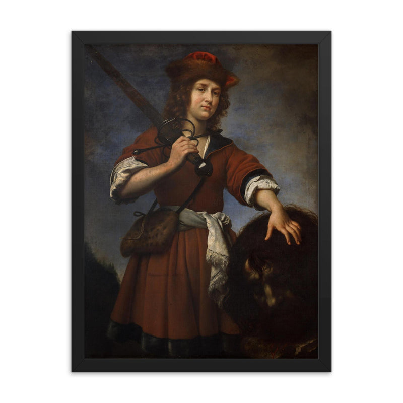 David with the Head of Goliath by Carlo Dolci framed print on a plain backdrop in size 18