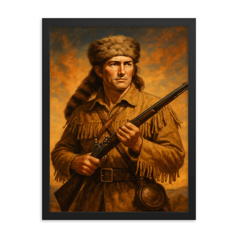 Davy Crockett framed print on a plain backdrop in size 18