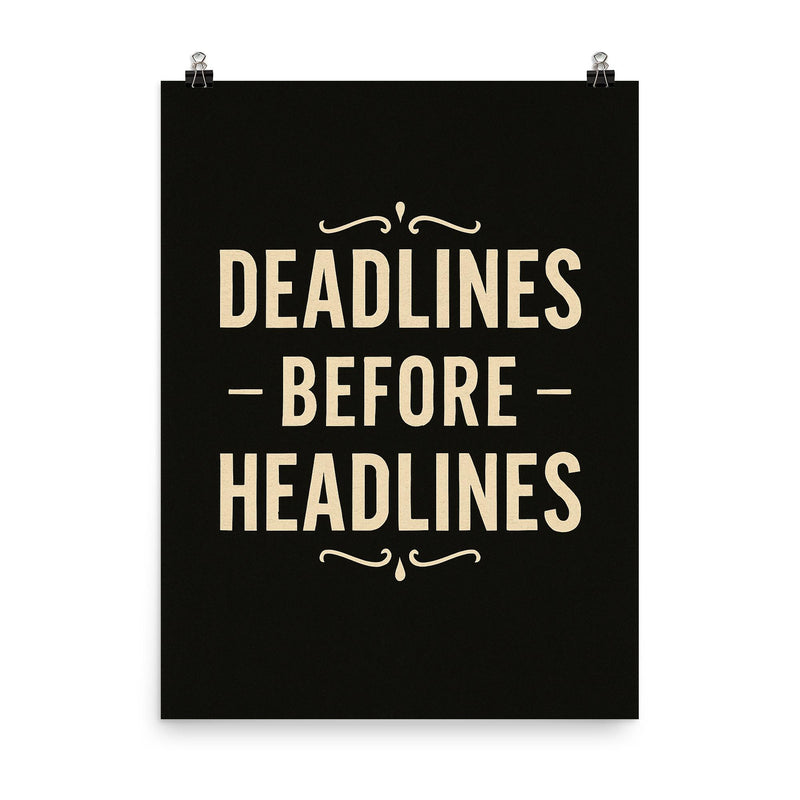 Deadlines before headlines poster on a plain backdrop in size 8