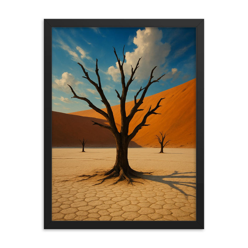 Deadvlei Clay Pan Namibia framed print on a plain backdrop in size 18