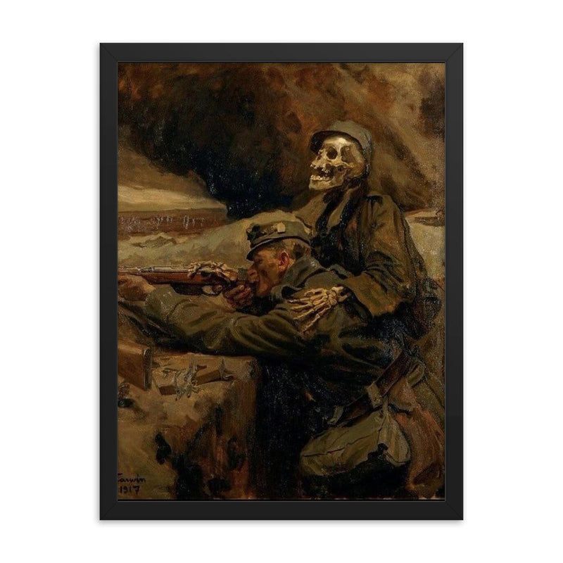 Death and the Soldier by Hans Larwin, 1917 framed print on a plain backdrop in size 18