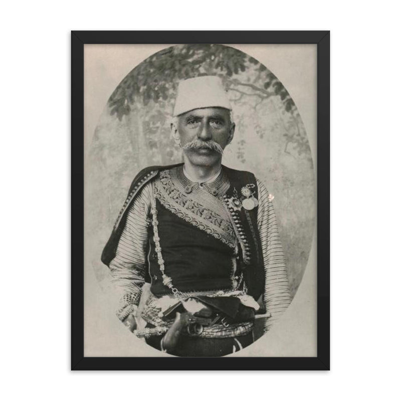 Ded Gjo Luli framed print on a plain backdrop in size 18