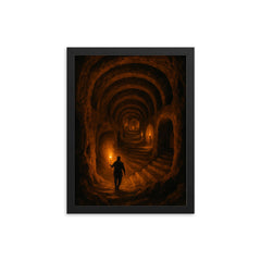 Derinkuyu underground city torchlit descent framed print on a plain backdrop in size 12"x16".