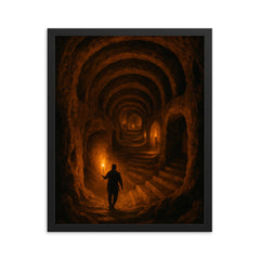 Derinkuyu underground city torchlit descent framed print on a plain backdrop in size 16"x20".