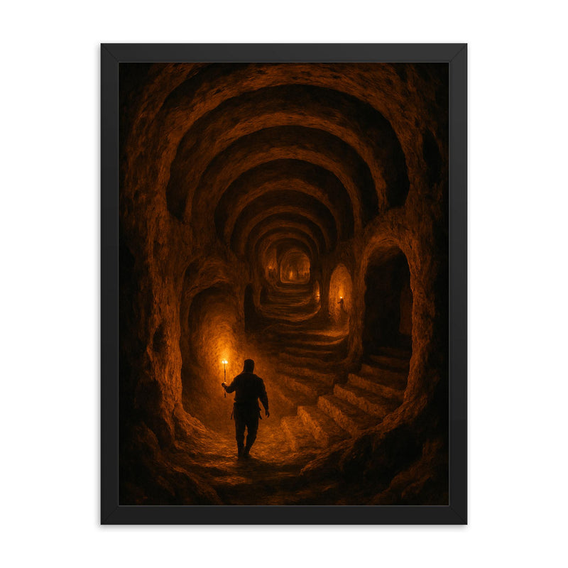 Derinkuyu underground city torchlit descent framed print on a plain backdrop in size 18
