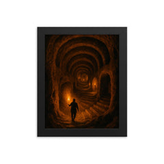 Derinkuyu underground city torchlit descent framed print on a plain backdrop in size 8"x10".