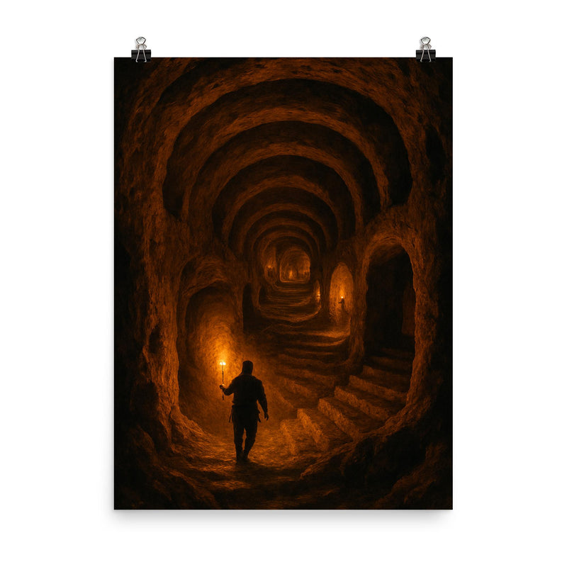 Derinkuyu underground city torchlit descent poster on a plain backdrop in size 8