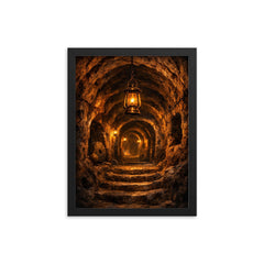 Derinkuyu underground city tunnel lantern scene framed print on a plain backdrop in size 12"x16".
