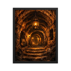 Derinkuyu underground city tunnel lantern scene framed print on a plain backdrop in size 16"x20".