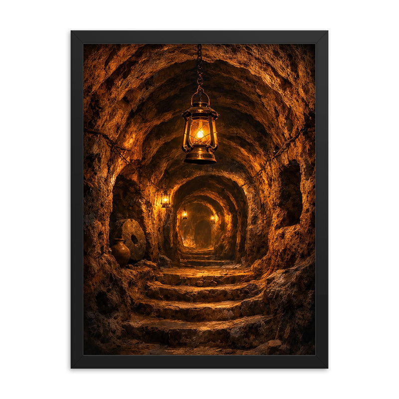 Derinkuyu underground city tunnel lantern scene framed print on a plain backdrop in size 18