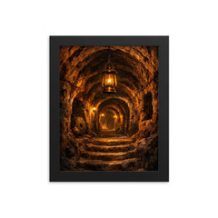 Derinkuyu underground city tunnel lantern scene framed print on a plain backdrop in size 8"x10".