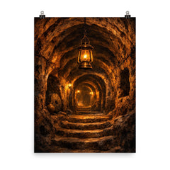 Derinkuyu underground city tunnel lantern scene poster on a plain backdrop in size 8"x10".