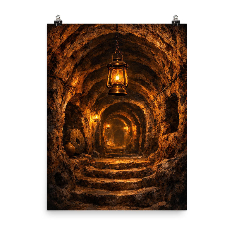 Derinkuyu underground city tunnel lantern scene poster on a plain backdrop in size 8