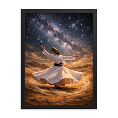 Dervish turning beneath constellations and desert wind framed print on a plain backdrop in size 18"x24".