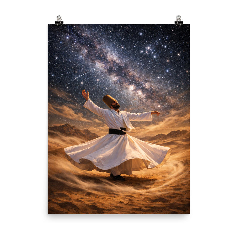 Dervish turning beneath constellations and desert wind poster on a plain backdrop in size 8