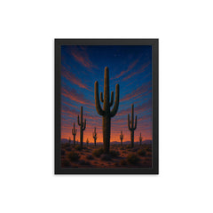 Desert cacti under a wide twilight sky framed print mockup 12x16
