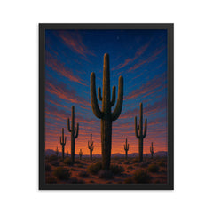 Desert cacti under a wide twilight sky framed print mockup 16x20