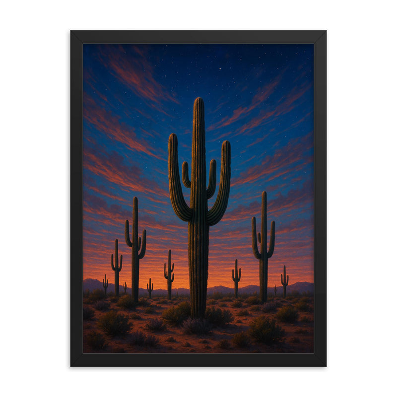 Desert cacti under a wide twilight sky framed print mockup 18x24